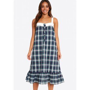 Courtney Cole SZ L VTG Plaid Baby Doll Style Nightgown Blue Green White & Lace